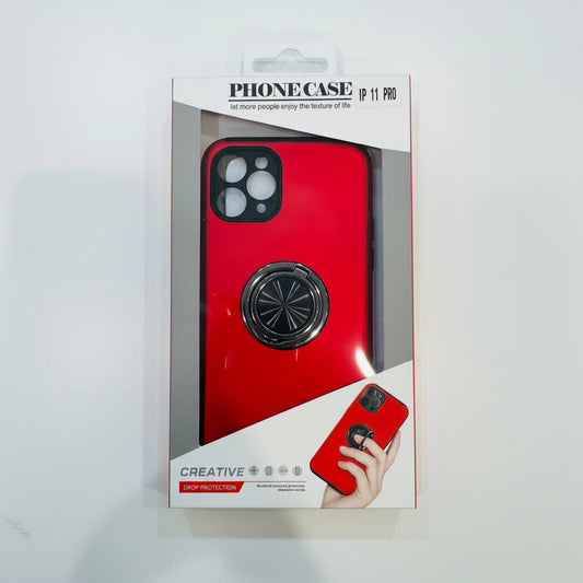 Red phone case with black ring holder in packaging on a white background