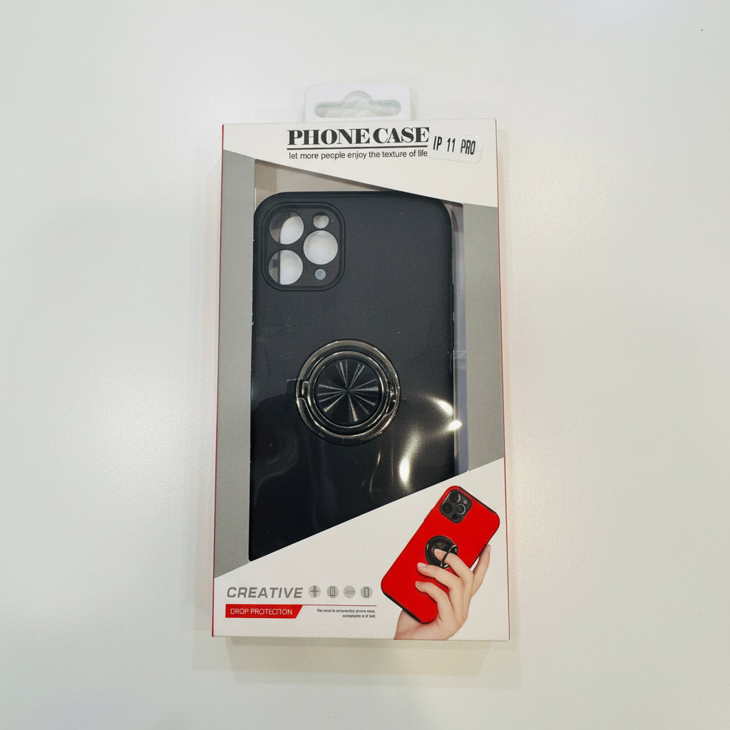 Phone case packaging with a black phone case and red phone case with ring holder on a white background