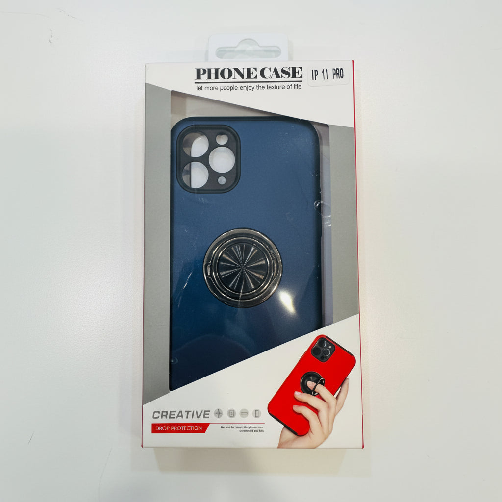 Phone case packaging with a blue case and red phone on a white background