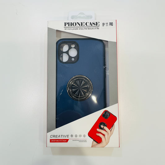 Phone case packaging with a blue case and red phone on a white background