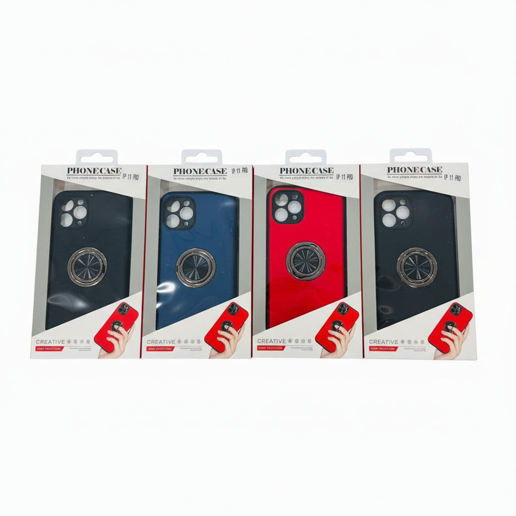 Three phone case packaging boxes in black, blue, and red on a white background
