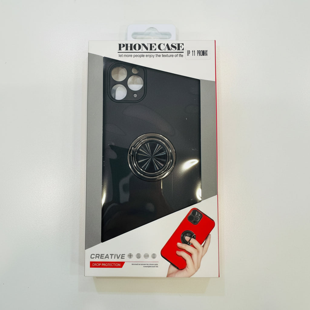 Phone case packaging with a black phone case and red phone case on a white background