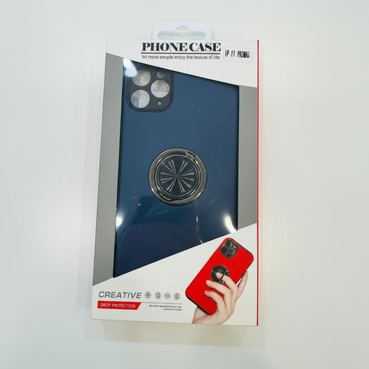 Phone case packaging with a blue case and red phone on a white background