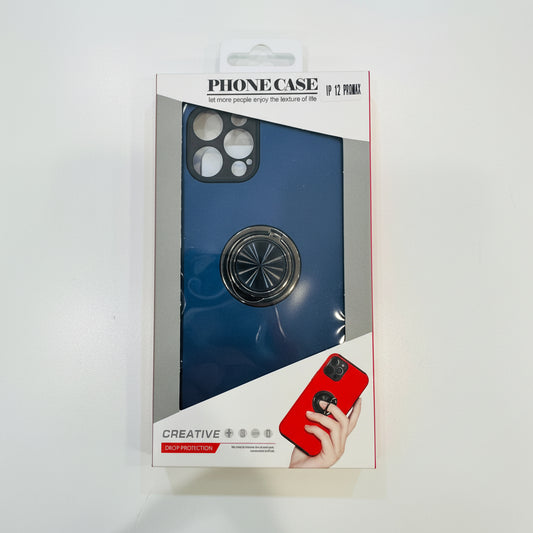 Phone case packaging with blue case and red phone, on a white background