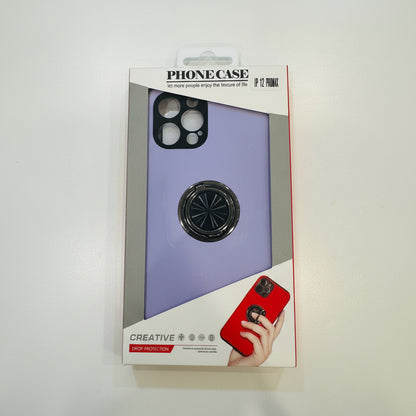 Phone case packaging with a purple case and red phone on a white background
