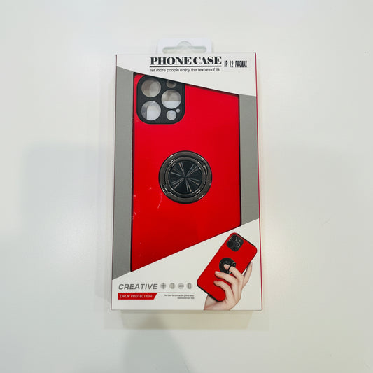 Phone case packaging with red case and black stand on a white background