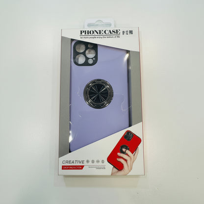 Phone case packaging with a purple case and ring holder on a white background