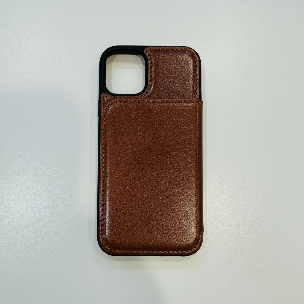 Brown phone case with 'Cose' branding in a clear package on a white background