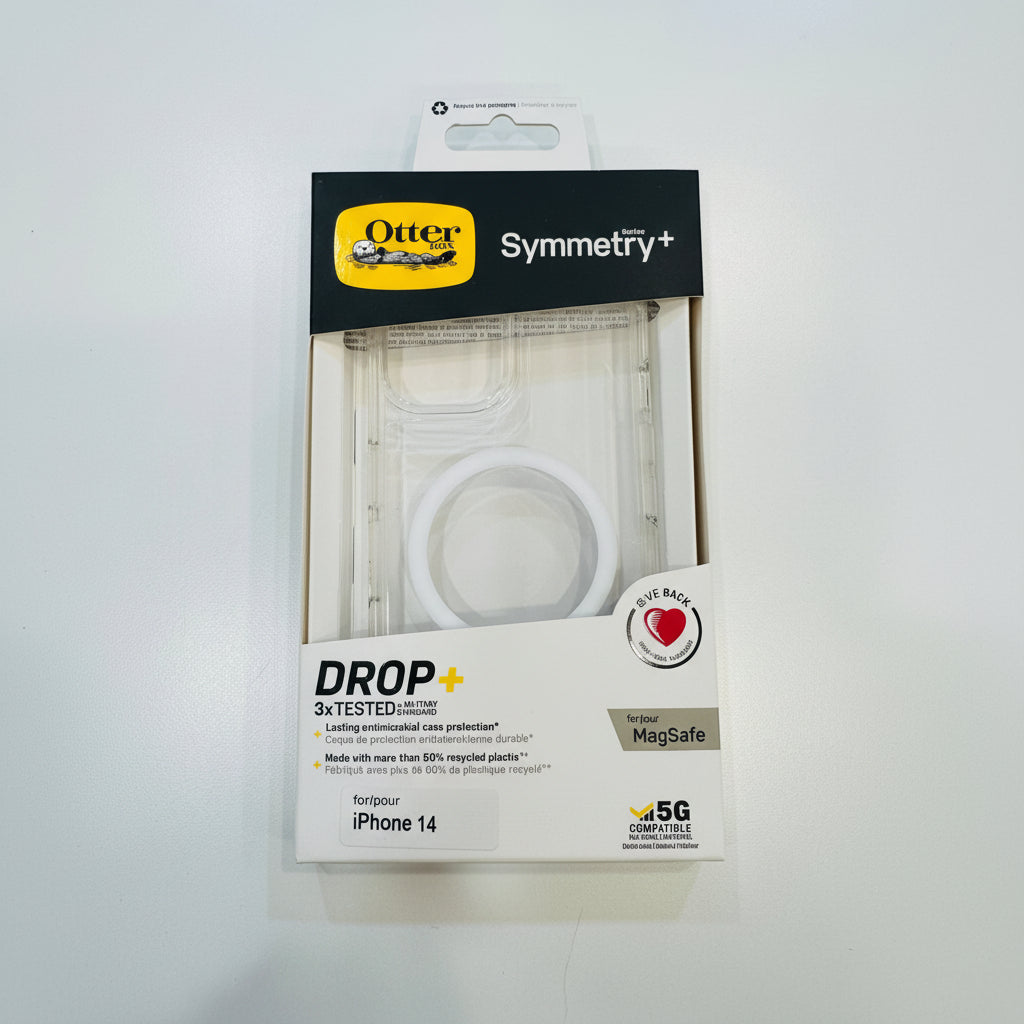 OtterBox Symmetry+ phone case packaging for iPhone 14 on a white background