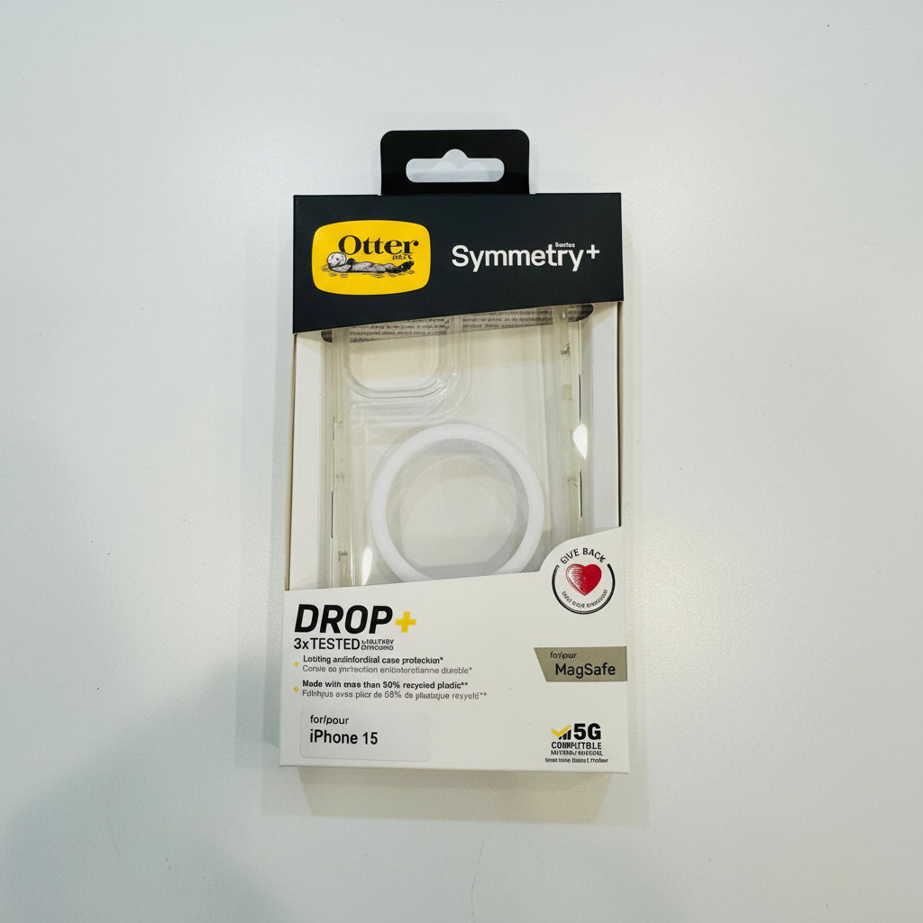 OtterBox Symmetry+ phone case packaging on a white background