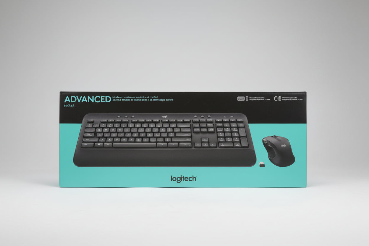 Logitech keyboard and mouse set packaging on a store shelf