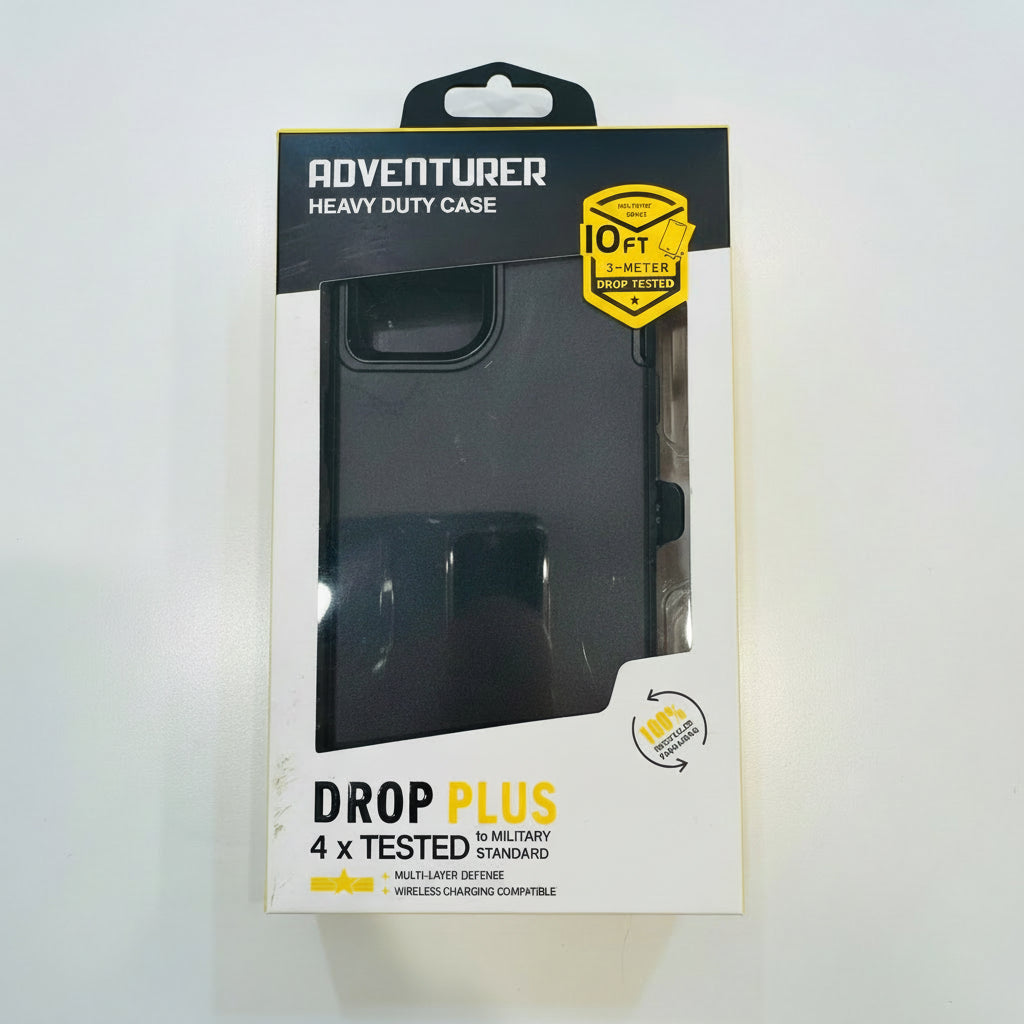 Packaged black phone case with 'Adventurer Heavy Duty Case' label on a white background