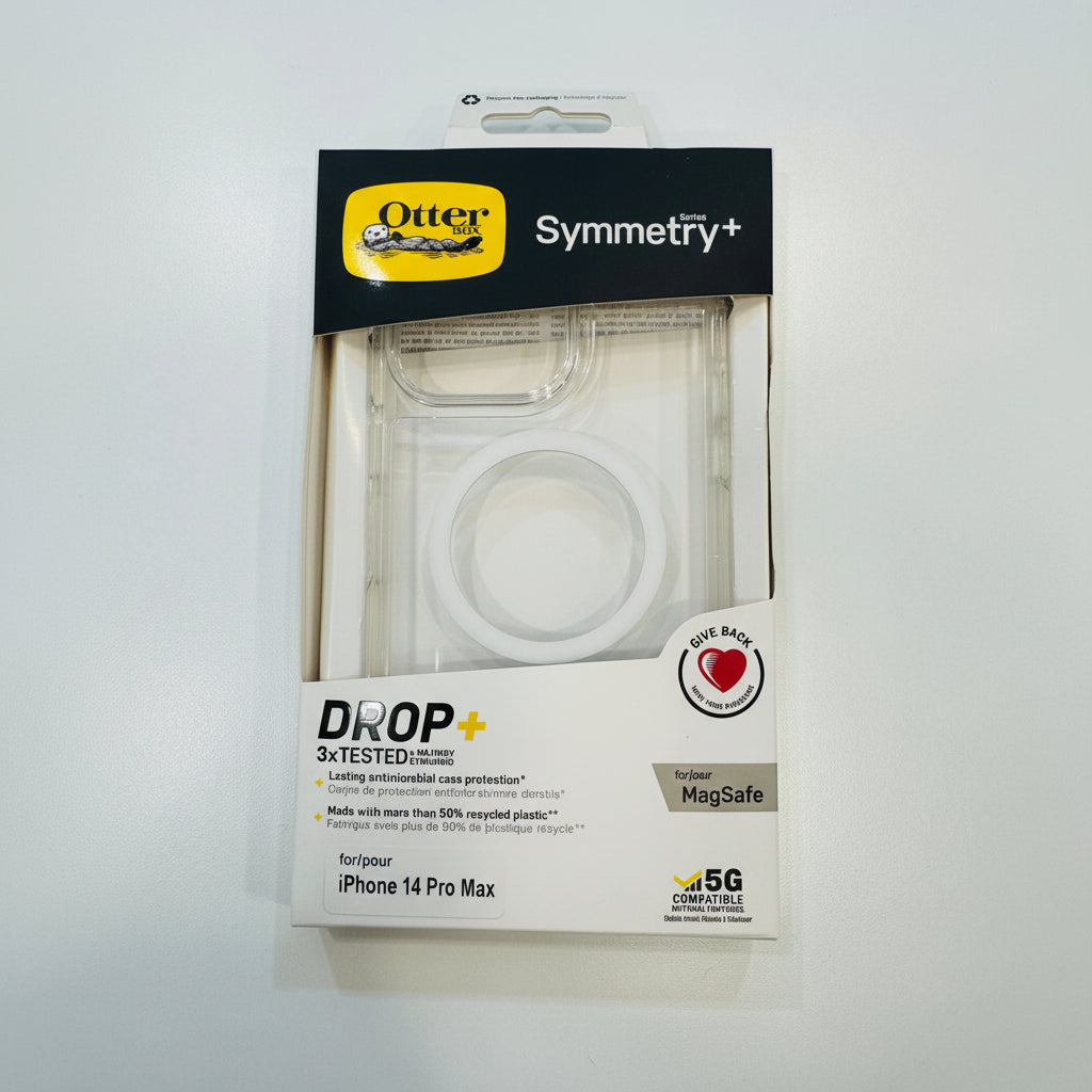 Packaged OtterBox Symmetry+ phone case for iPhone 14 Pro Max on a white background