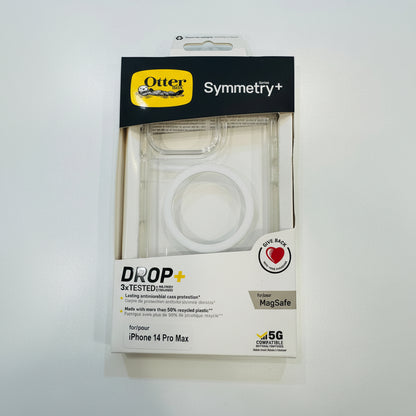 Packaged OtterBox Symmetry+ phone case for iPhone 14 Pro Max on a white background
