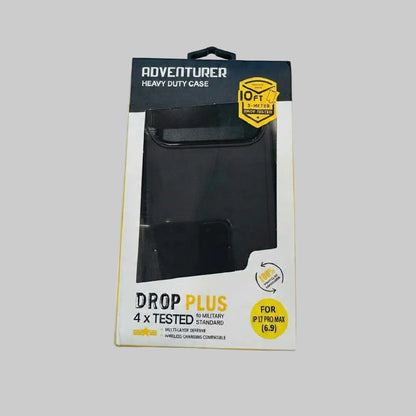 Packaged black phone case with 'Adventurer Heavy Duty Case' label on a white background