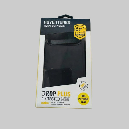 Packaged black phone case with 'Adventurer Heavy Duty Case' label on a white background