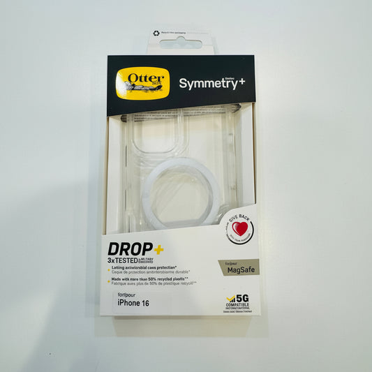 OtterBox Symmetry+ phone case packaging for iPhone 16 on a white background