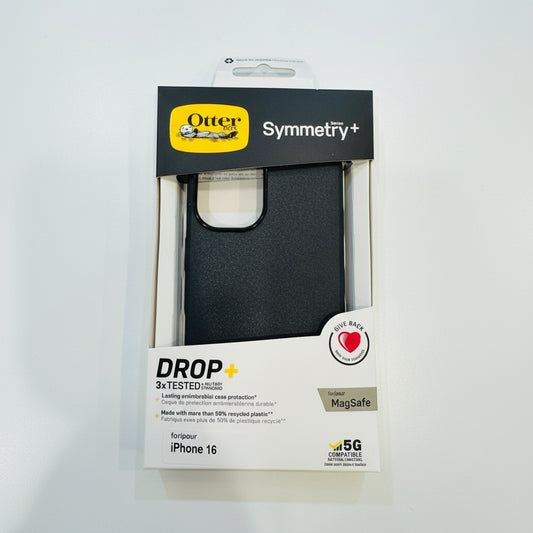OtterBox Symmetry+ phone case packaging for iPhone 16 on a white background