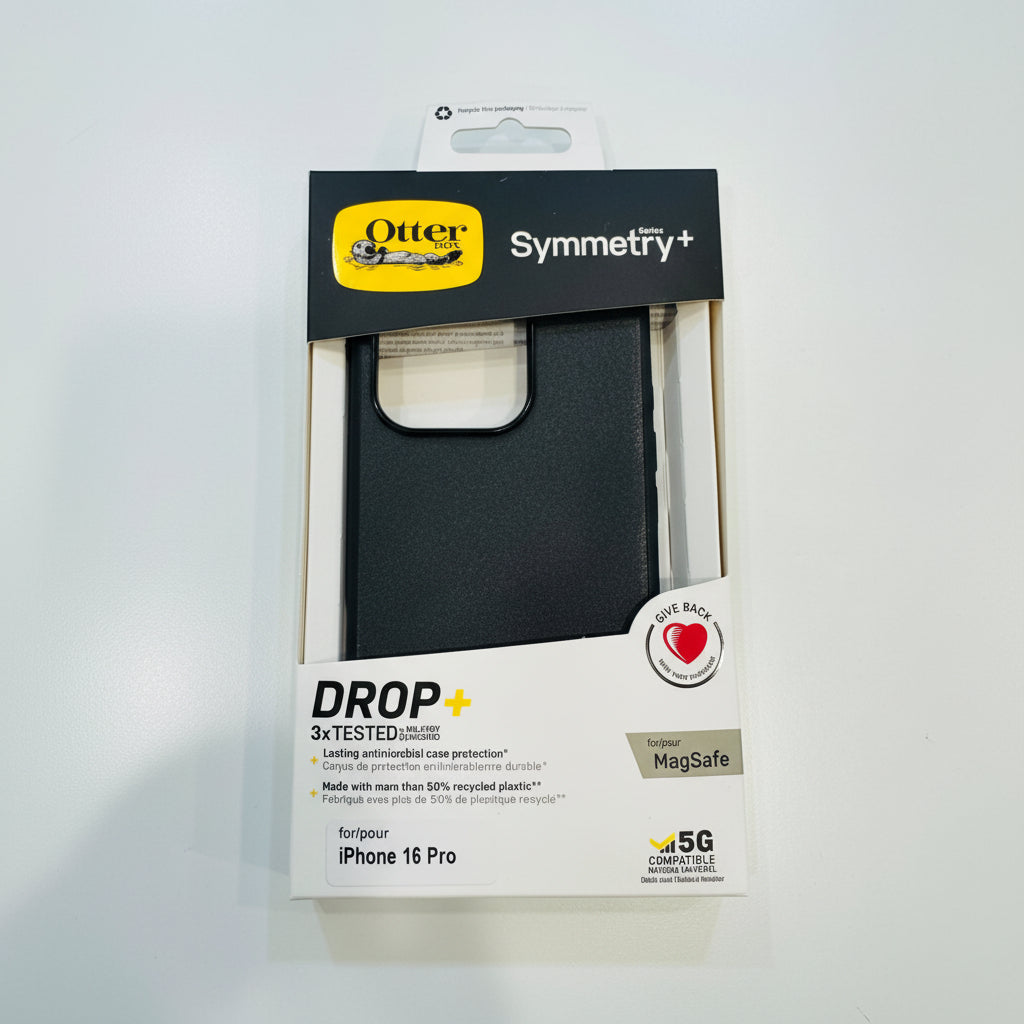 OtterBox Symmetry+ phone case packaging for iPhone 16 Pro on a white background