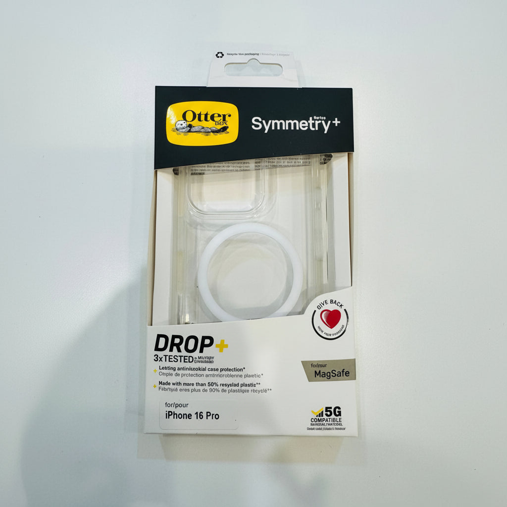 OtterBox Symmetry+ phone case packaging for iPhone 16 Pro on a white background