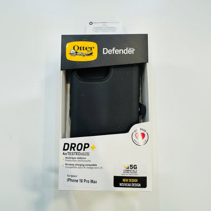 Black phone case in packaging with OtterBox Defender branding on a light gray background