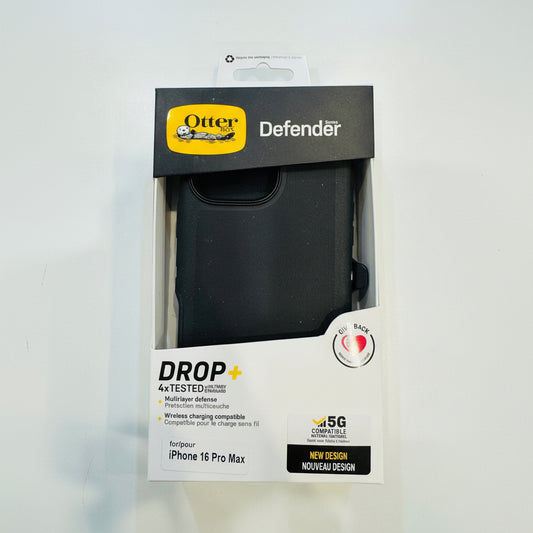 Black phone case in packaging with OtterBox Defender branding on a light gray background