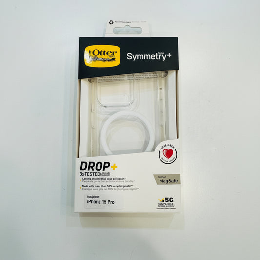 Packaging of OtterBox Symmetry+ case for iPhone 15 Pro on a white background
