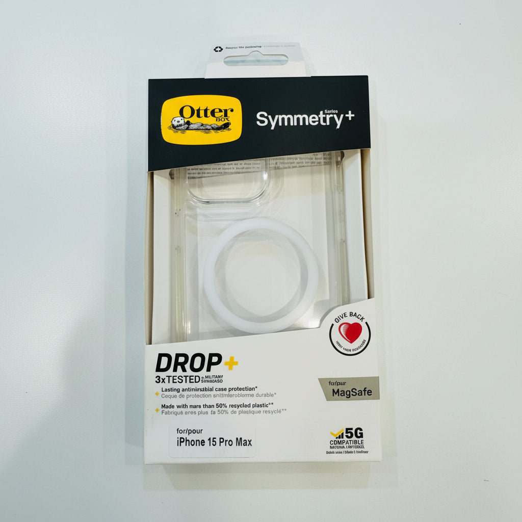 OtterBox Symmetry+ phone case packaging on a white background