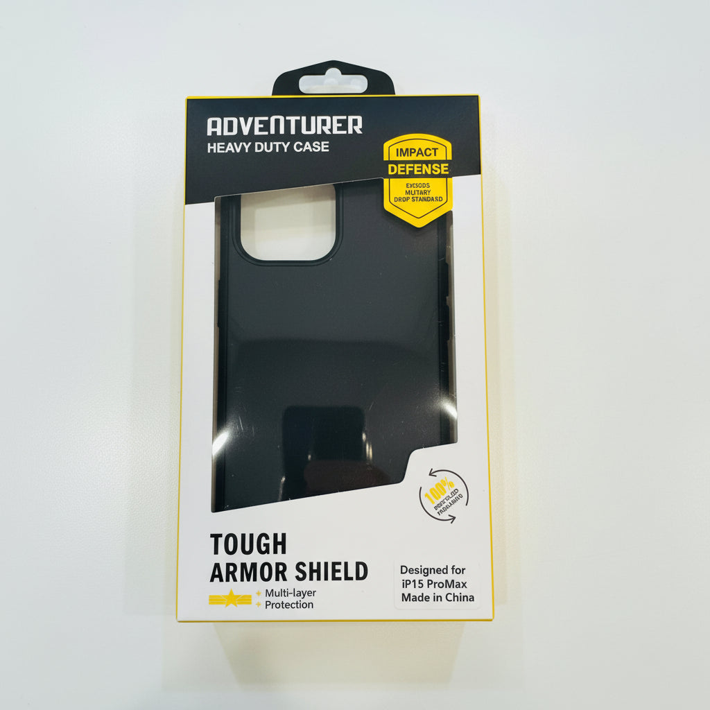 Packaging of a heavy-duty case with text and certification logos on a white background