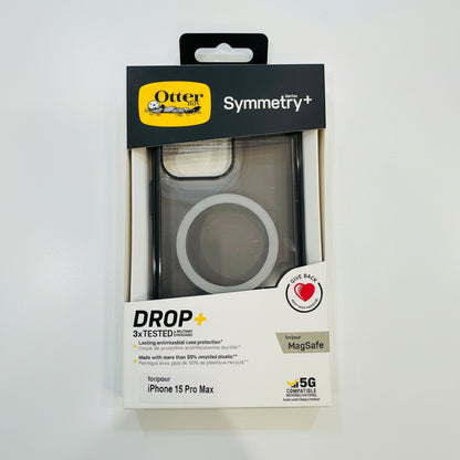 OtterBox Symmetry+ phone case packaging for iPhone 15 Pro Max on a white background
