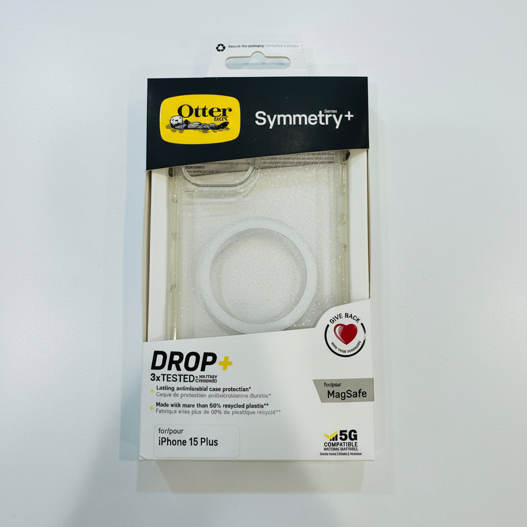 Packaged OtterBox Symmetry+ phone case with clear design on a white background