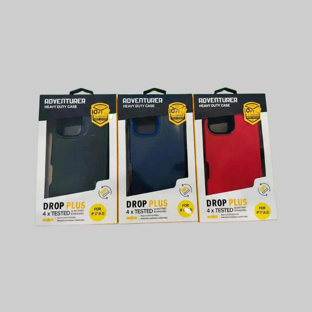 Three phone case packages in black, blue, and red on a white background