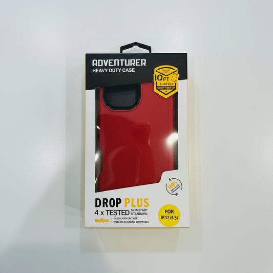 Red phone case in packaging with 'Adventurer Heavy Duty Case' text on a white background