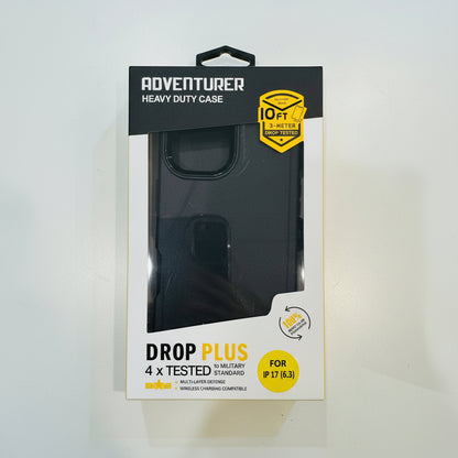 Heavy-duty phone case packaging with 'Adventurer' branding on a light gray background