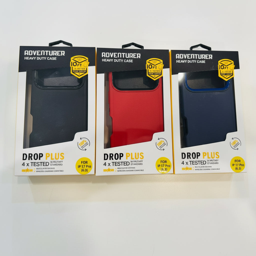 Packaging of phone cases in black, red, and blue with 'Drop Plus' and 'Adventurer' labels.