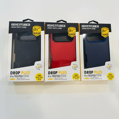 Packaging of phone cases in black, red, and blue with 'Drop Plus' and 'Adventurer' labels.