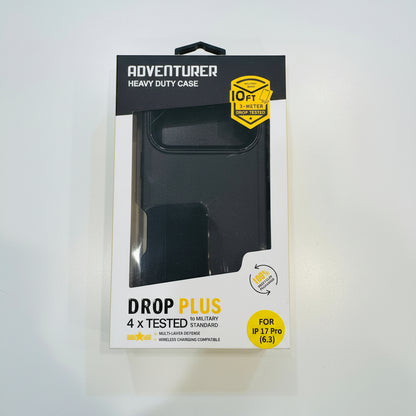 Packaged black phone case with 'Adventurer Heavy Duty Case' label on a white background