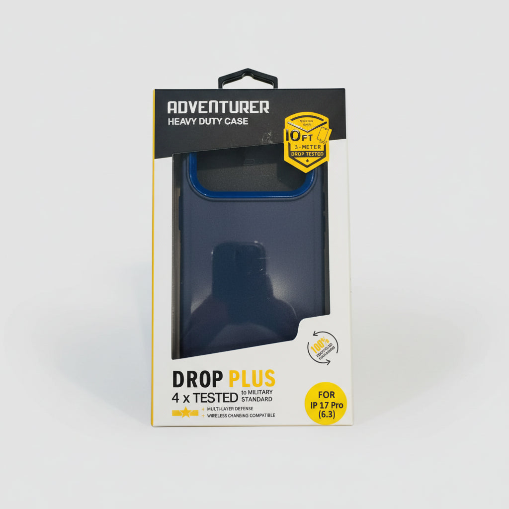 Packaged phone case with 'Adventurer Heavy Duty Case' label on a white background