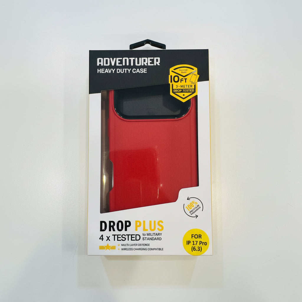 Red phone case in packaging with 'Adventurer Heavy Duty Case' label on a white background