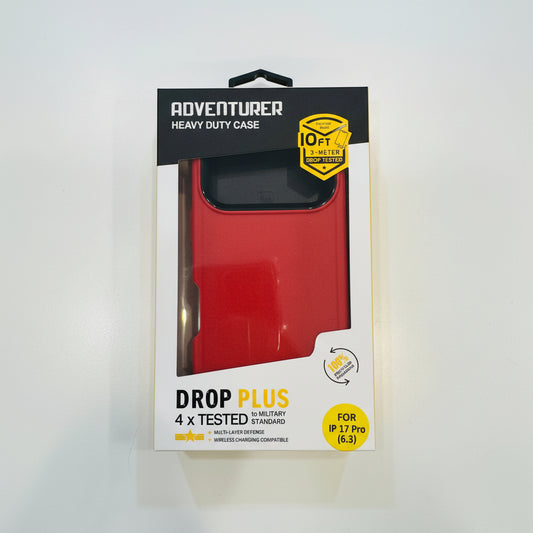 Red phone case in packaging with 'Adventurer Heavy Duty Case' label on a white background