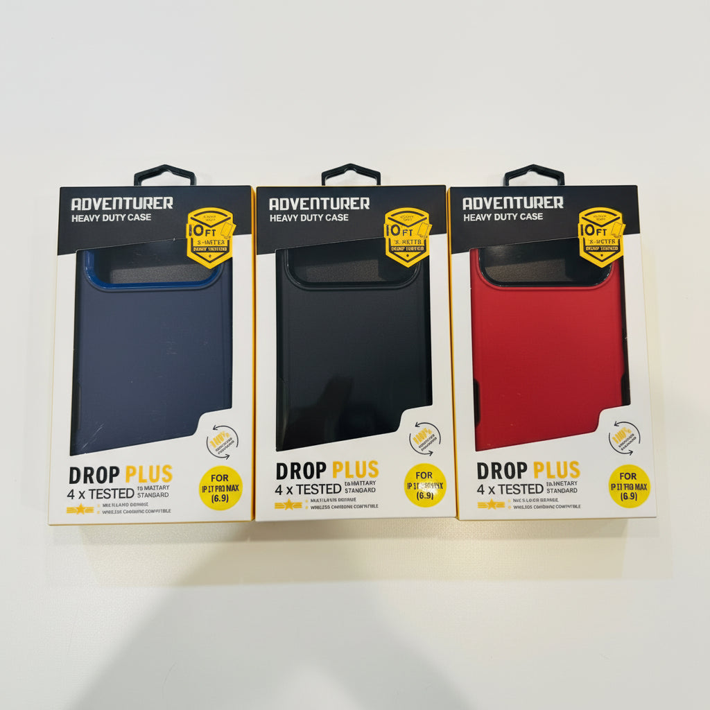 Three phone case packages in black, red, and blue on a white background