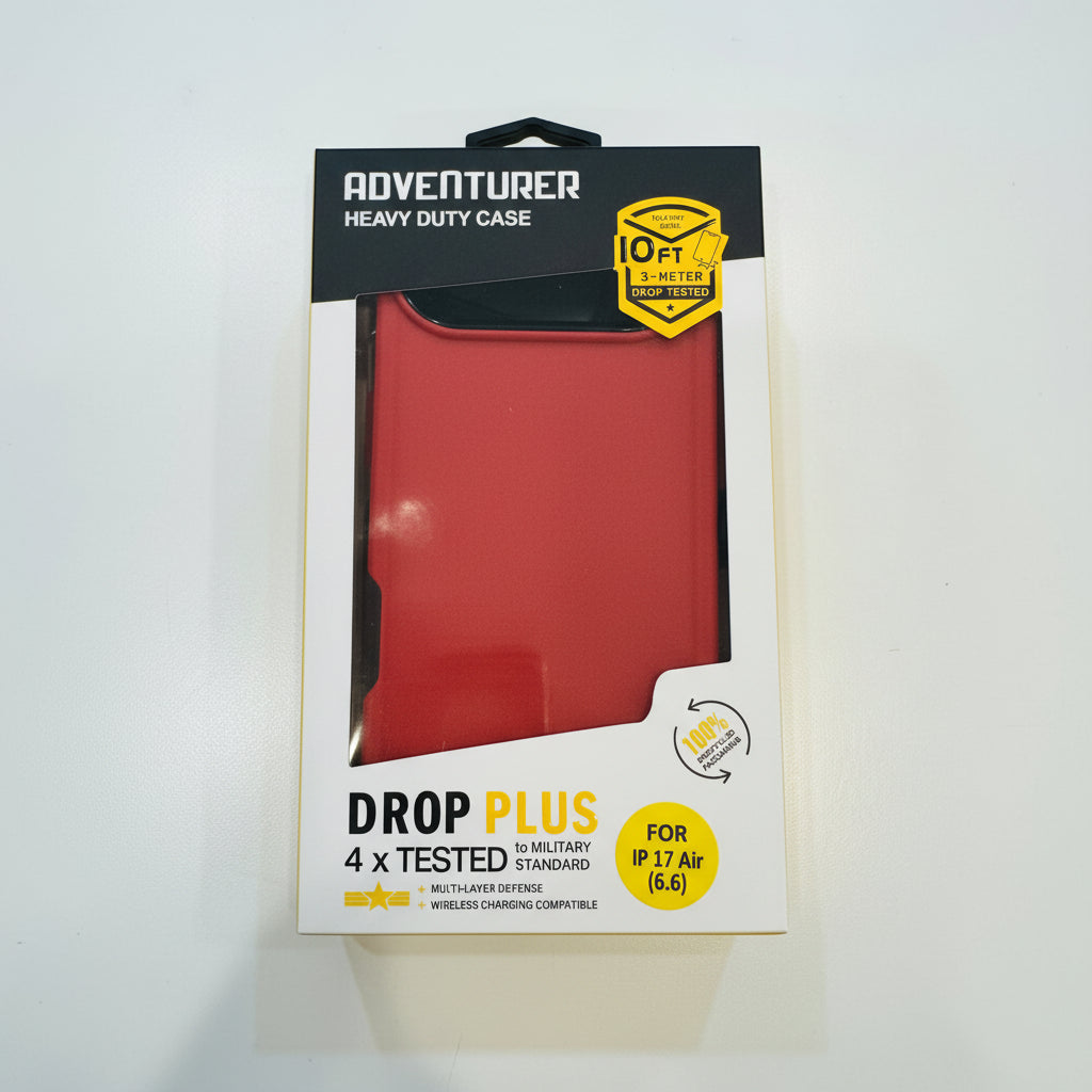 Red phone case in packaging with 'Adventurer Heavy Duty Case' label on a white background
