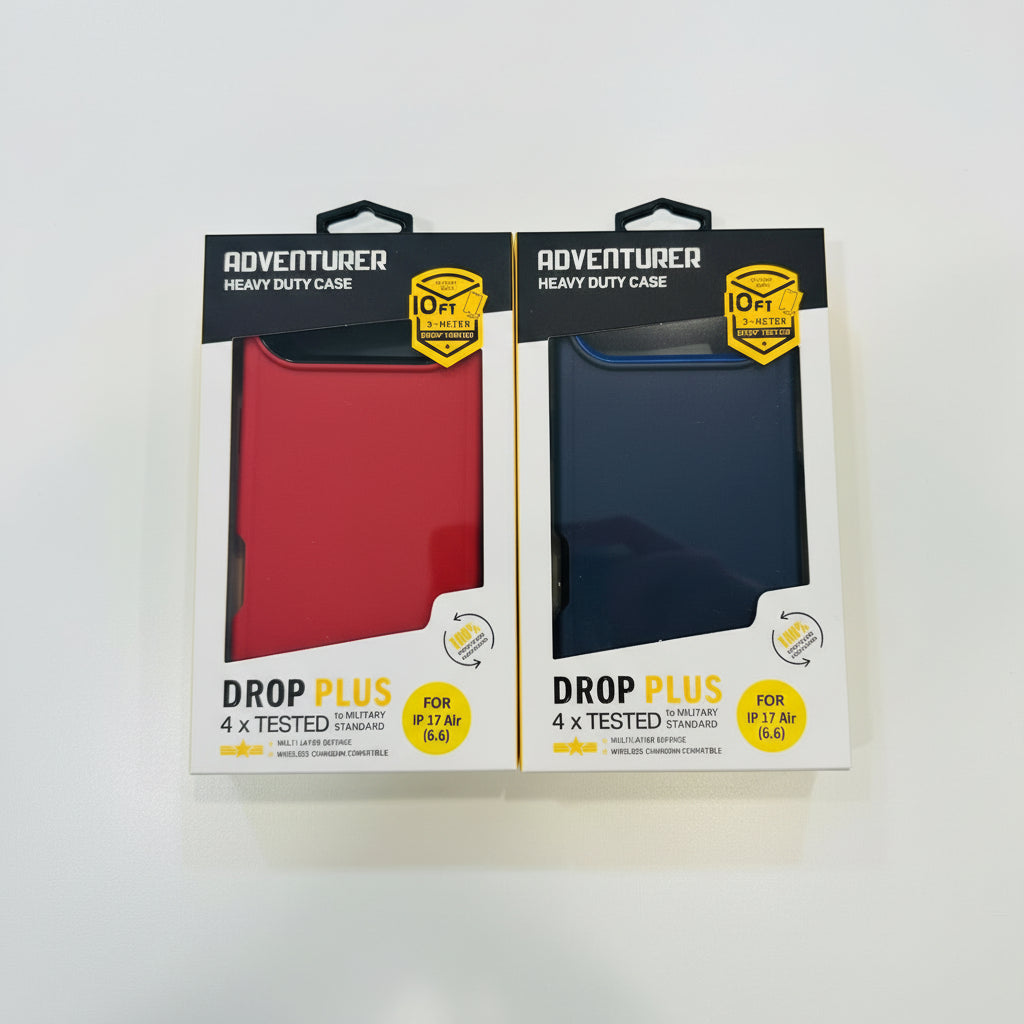 Two red and black phone cases in their packaging on a white background