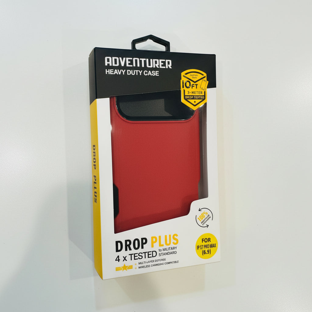 Red phone case in packaging with 'Adventurer Heavy Duty Case' branding on a white background