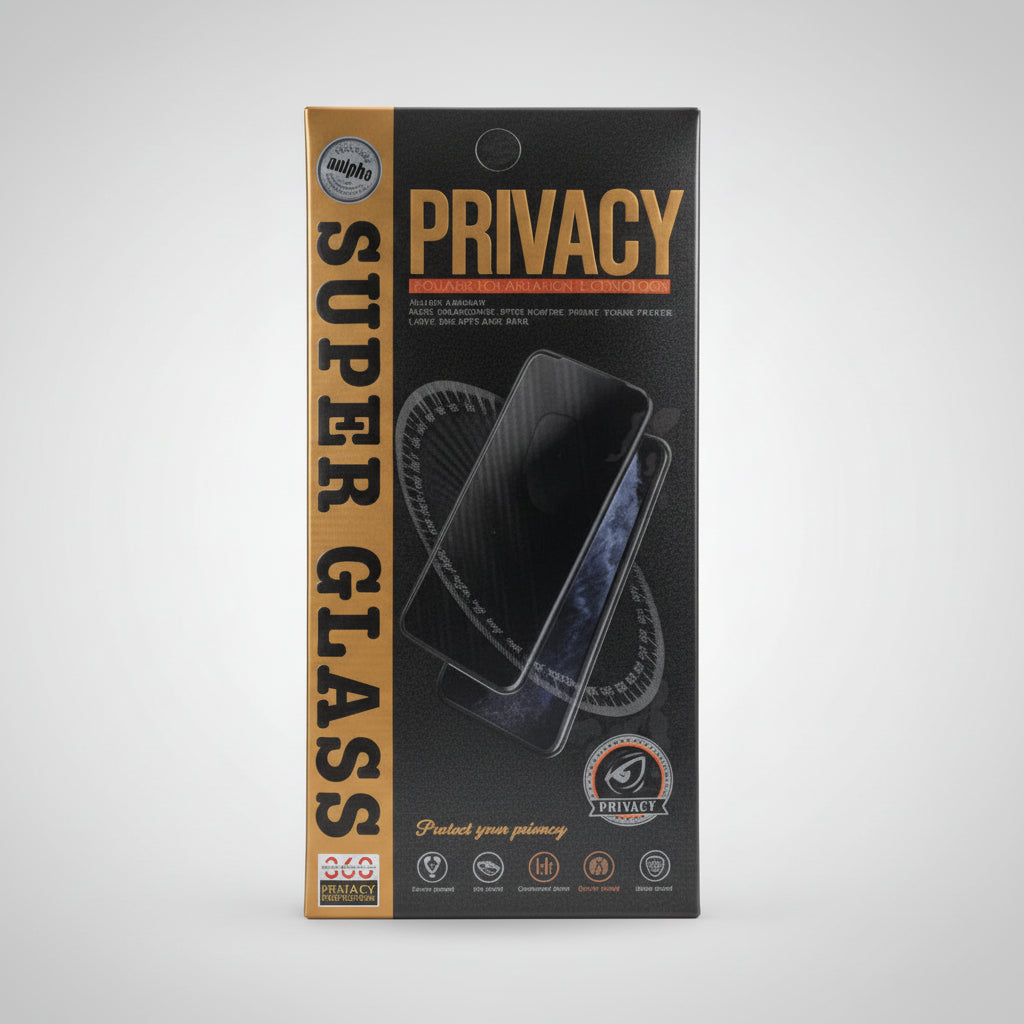 Privacy glass screen protector packaging with branding and product image.