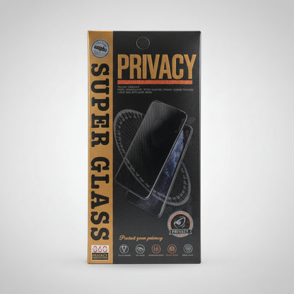 Privacy glass screen protector packaging with branding and product image.