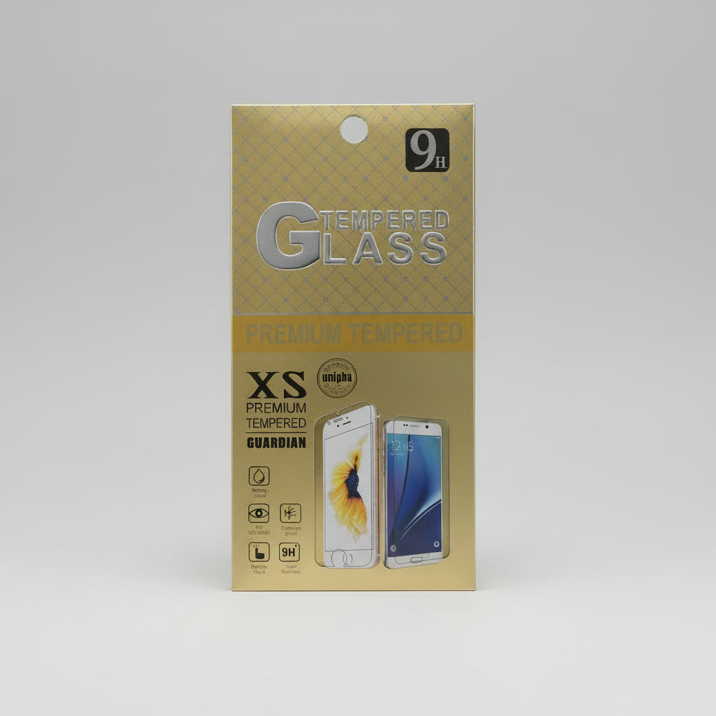 Packaging of a tempered glass screen protector for an iPhone 7 Plus with gold and white design.