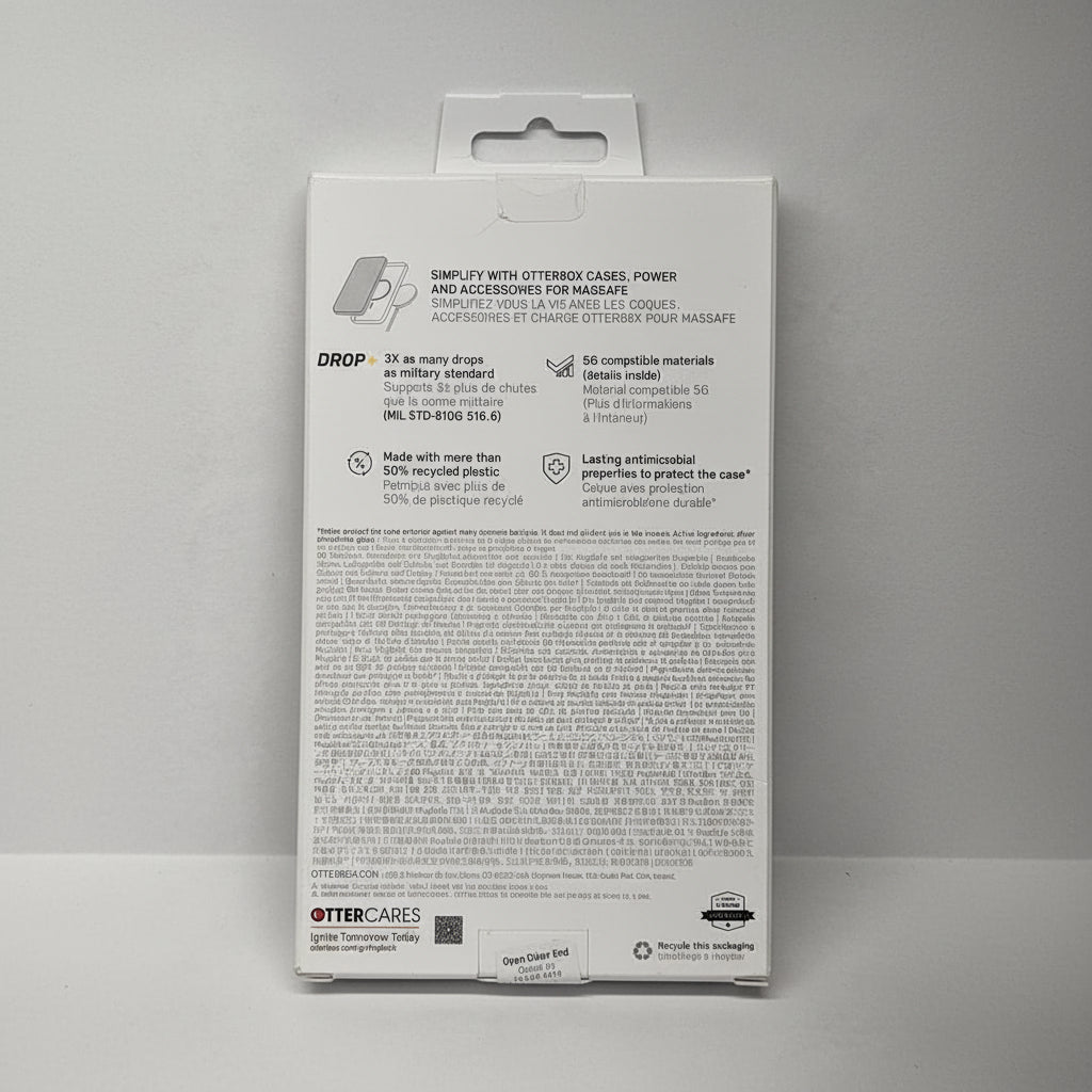 Back view of an OtterBox product packaging with text and branding on a gray background
