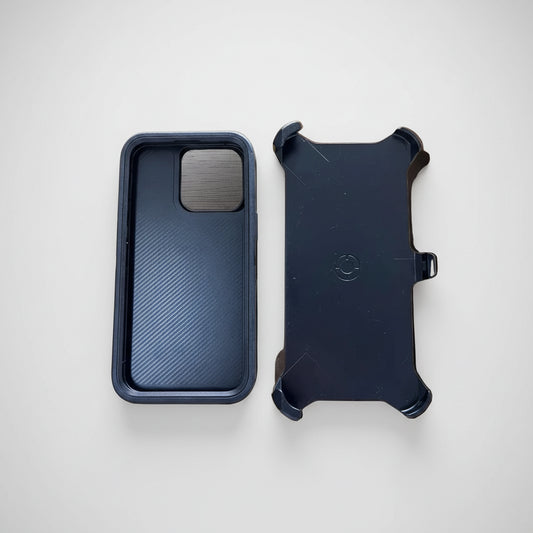 Phone case with textured back and metallic accent on a wooden surface